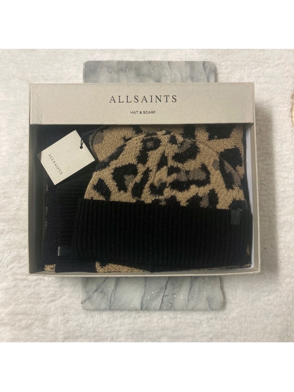 All Saints Leopard Print Toque Scarf Set Wool Black Tan
